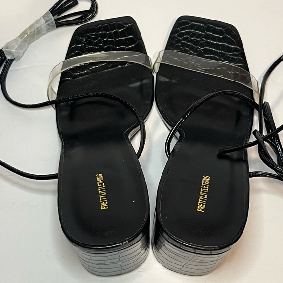 Pretty Little Thing Black Wide Fit Block Heel Ankle Tie Strappy Sandals NWOT - Picture 12 of 16